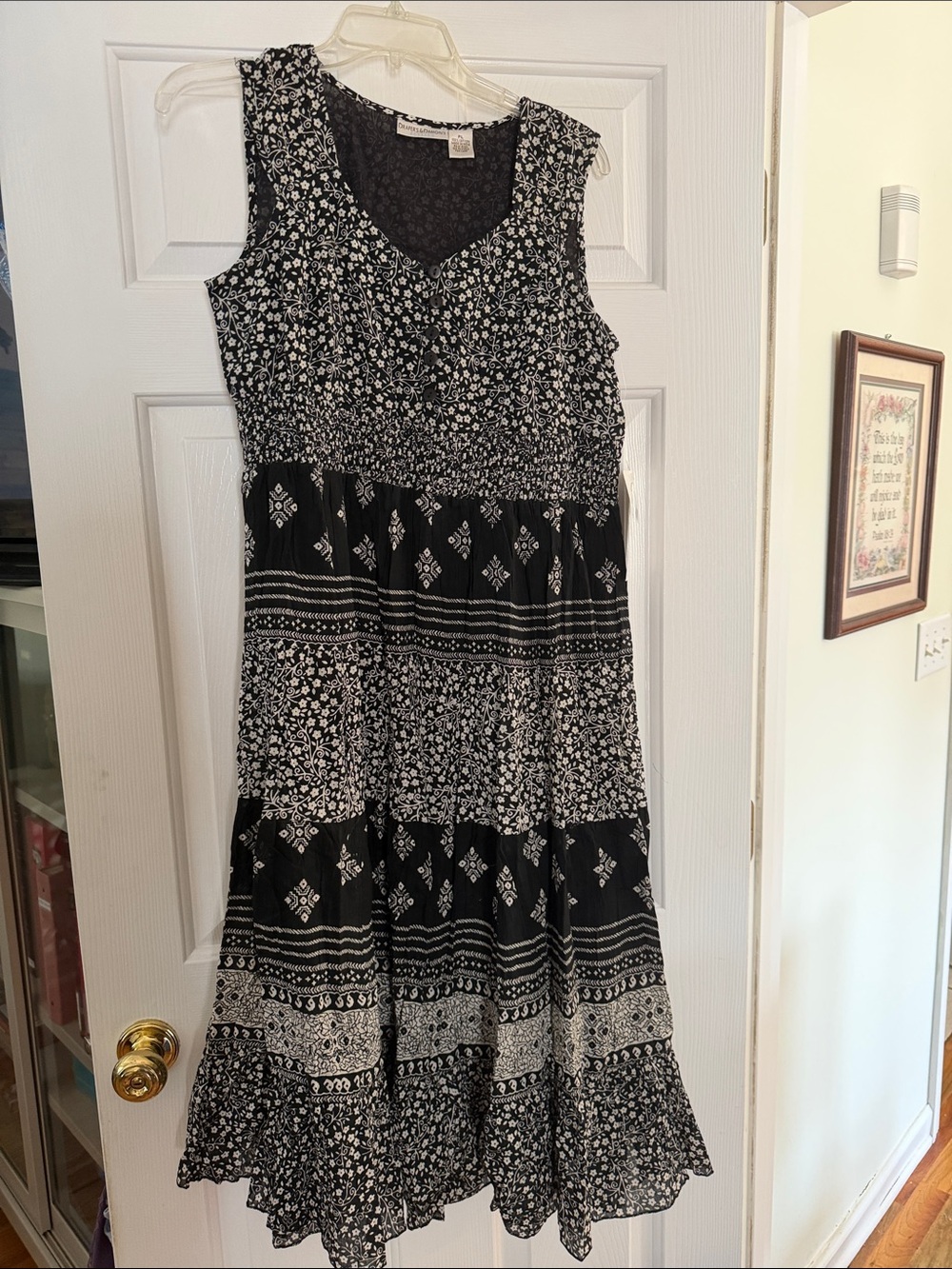 Sleeveless Black & White Floral Midi Dress with Smocked Waist